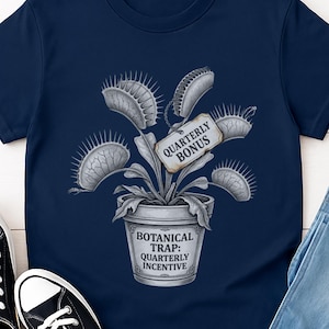 Camiseta de incentivo trimestral, camiseta divertida con planta carnívora Venus atrapamoscas, top botánico con estampado de trampas, sátira sobre bonos corporativos, regalo sarcástico para el trabajo, vida en la oficina, Gildan