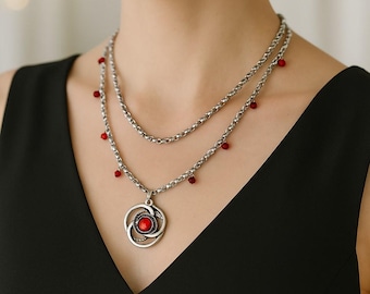 Gothic Red Crystal Pendant Necklace - Vintage Punk Style