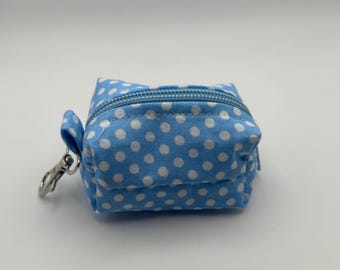 Light Blue Polka Dot Dog Poop Bag Holder, Handmade Leash Accessory, Zipper Dispenser