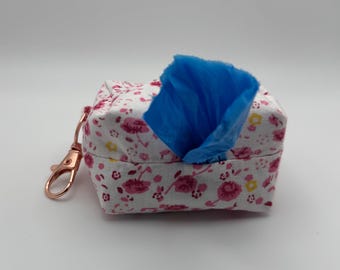 Pink Floral Dog Poop Bag Holder, Handmade Leash Accessory, Zipper Dispenser, Rose-Gold Clip