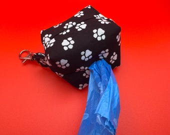 Handmade Black Paw Print Dog Poop Bag Dispenser - Zipper Pouch