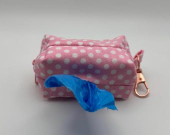 Light Pink Polka Dot Dog Poop Bag Holder, Handmade Leash Accessory, Zipper Dispenser