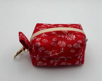 Red Floral Dog Poop Bag Holder, Handmade Leash Dispenser, Clip-On Accessory