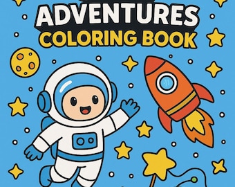 May include: A blue coloring book cover with the title "SPACE ADVENTURES COLORING BOOK". The cover features cartoon illustrations of an astronaut, a rocket, planets, stars, and aliens.