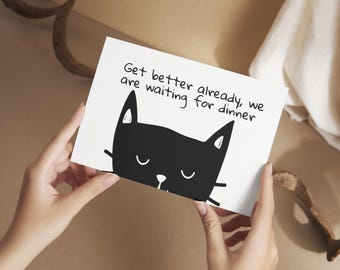 猫のお見舞いカードテンプレート、モダンでミニマリストなデザイン、編集可能で印刷可能、すぐにダウンロード可能