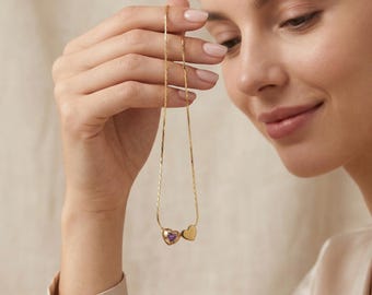 Collar con colgante de corazón y piedra natal en oro de 14 quilates / Collar con piedra natal / Joyería con piedra natal / Collar delicado para el día a día / Regalo para el Día de la Madre / Regalo para ella