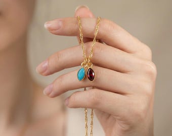 Collar familiar de oro de 14 quilates con piedras de nacimiento / Collar con múltiples piedras de nacimiento / Joyería colorida con piedras de nacimiento / Collar ovalado con piedra de nacimiento / Regalo para el Día de la Madre