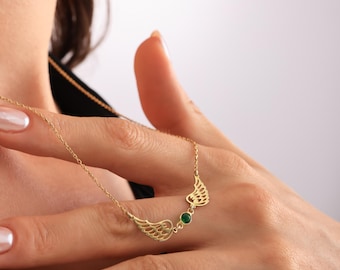 Angel Wings Necklace with Birthstone | Dainty Gold Angel Wing | Birthstone Neckalce | Silver Guardian Angel Necklace for Mom | Gift for Her
