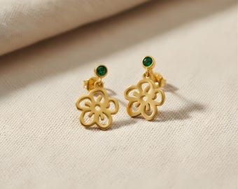 Dainty Gold Flower Earrings with Birth Stone | Minimalist Floral Drop Studs | Birthstone Inspired Gold Earrings | Cute Jewellry Gift for Her