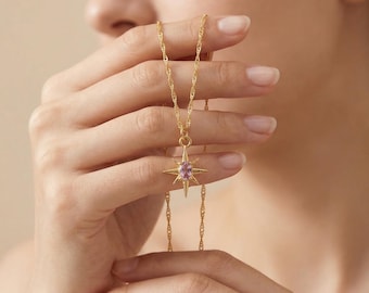 Collar con colgante de estrella polar pavé de oro de 14 quilates / Collar celestial / Collar de estrella polar colorida / Collar Polaris / Regalo para el Día de la Madre