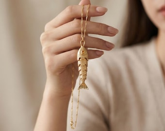 Collar de pez 3D de oro de 14 quilates / Collar de pez pavé / Collar de Piscis / Collar para amantes del mar / Collar para mujer / Collar para uso diario / Regalo para ella