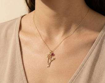 Dainty BirthFlower Necklace with Birthstone | Handmade Gold Jewellery | Birthday Gift for Her | Floral Jewellery | Everyday Necklace