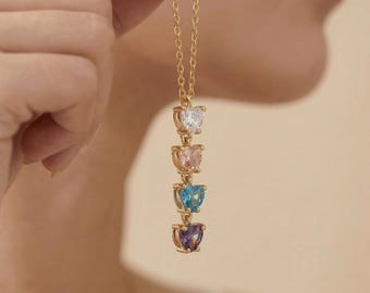 Collar personalizado de oro de 14 quilates con forma de corazón y piedra natal / Piedra natal vertical / Collar con varias piedras / Collar familiar / Regalo para mamá / Regalo para ella