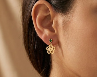 Dainty Gold Flower Drop Earrings | Green Stone Floral Studs