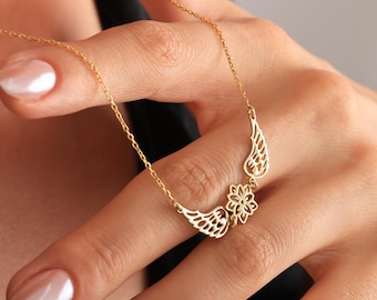 Gold Angel Wings Necklace, Angel Wings Necklace with Birthflower, Baby Loss Gift Angel Wing, Guardian Angel Charm, Gold Miscarriage Necklace