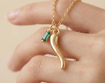 Collar delicado de cuerno italiano con piedra natal en oro de 14 quilates / Collar de cuerno italiano / Collar talismán / Collar de protección / Regalo para el Día de la Madre