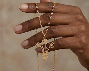 Collar pequeño personalizado de oro de 14 quilates con flor de nacimiento / Collar personalizado con flor de nacimiento / Regalo para mamá / Regalo para la abuela / Regalo para el Día de la Madre