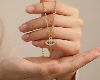 Collar con ojo turco pavé de oro de 14 quilates / Collar pequeño con ojo turco / Joyería con ojo turco / Collar talismán / Collar para uso diario / Regalo para ella