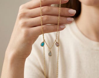 Collar familiar de oro de 14 quilates con piedra natal en forma de lágrima / Collar delicado con múltiples piedras / Collar personalizado para uso diario / Regalo para mamá / Regalo para ella