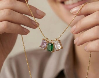 Collar personalizado de oro de 14 quilates con piedra natal en forma de baguette / Joyería familiar / Collar para uso diario / Regalo para esposa / Regalo del Día de la Madre / Regalo para ella