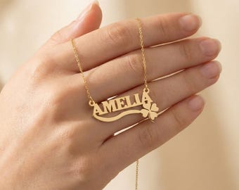 Personalized Four Leaf Clover Necklace | Four Leaf Clover Name Necklace | Clover Pendant | St. Patrick's Day Gift | Mother's Day Gifts