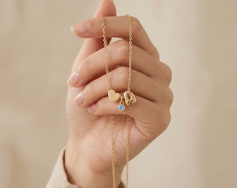 Collar con colgante de corazón con inicial de globo personalizado en oro de 14 quilates y piedra natal / Collar con letra en forma de corazón / Collar para parejas / Collar de aniversario