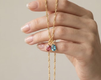 Collar con colgante de piedra natal para pareja, personalizado en oro de 14 quilates / Joyería con varias piedras / Collar familiar / Regalo para el Día de la Madre / Regalo para la esposa