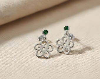 Dainty Gold Flower Earrings with Birth Stone | Minimalist Floral Drop Studs | Birthstone Inspired Gold Earrings | Cute Jewelry Gift for Her