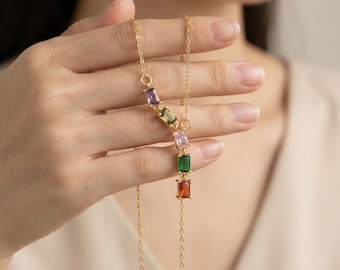 Collar largo personalizado de oro de 14 quilates con múltiples piedras / Collar en Y con piedra de nacimiento / Collar familiar / Regalo para el Día de la Madre / Regalo para la abuela / Regalo para mamá