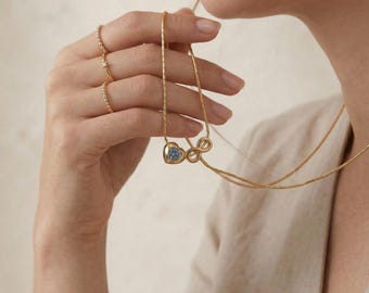 Collar con colgante de oro de 14 quilates personalizado con forma de corazón infinito y piedra natal / Collar para parejas / Joyería de amor / Collar de aniversario / Regalo para mamá / Collar para uso diario