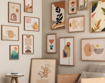 500 Mid Century Modern Boho Wall Art Prints, Neutral Abstract Shapes & Female Line Art, Gallery Wall Set, Digital Download
