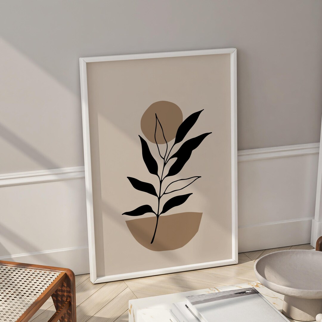 Botanical Line Art Print, Minimalist Black Leaf Stem, Boho Abstract ...