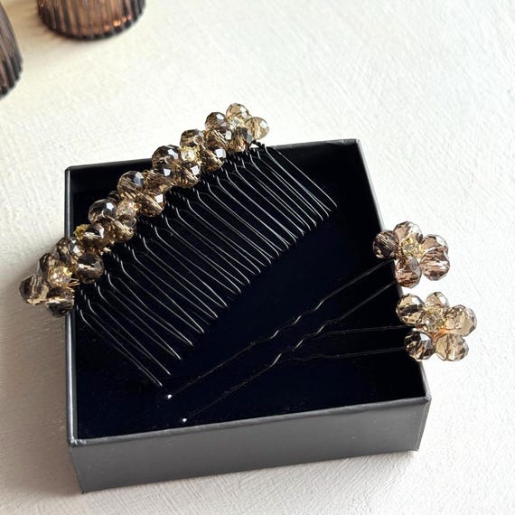 Hair Comb & Hair Pin Set With Brown Crystal Beads – Elegant  display picture 2
