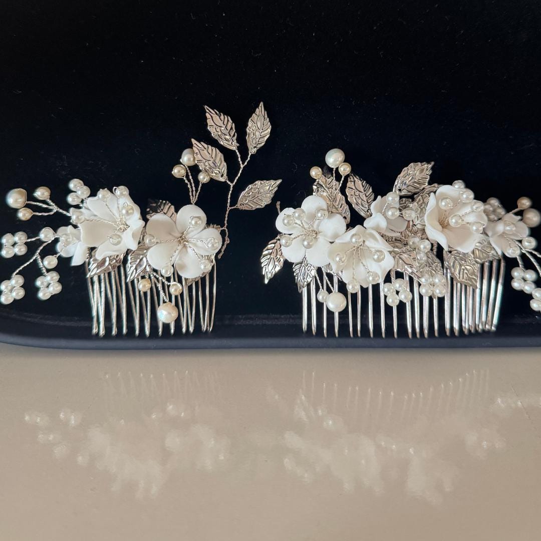 Bridal Hair Comb Set with Porcelain Flowers & Pearls - Silver Leaves…