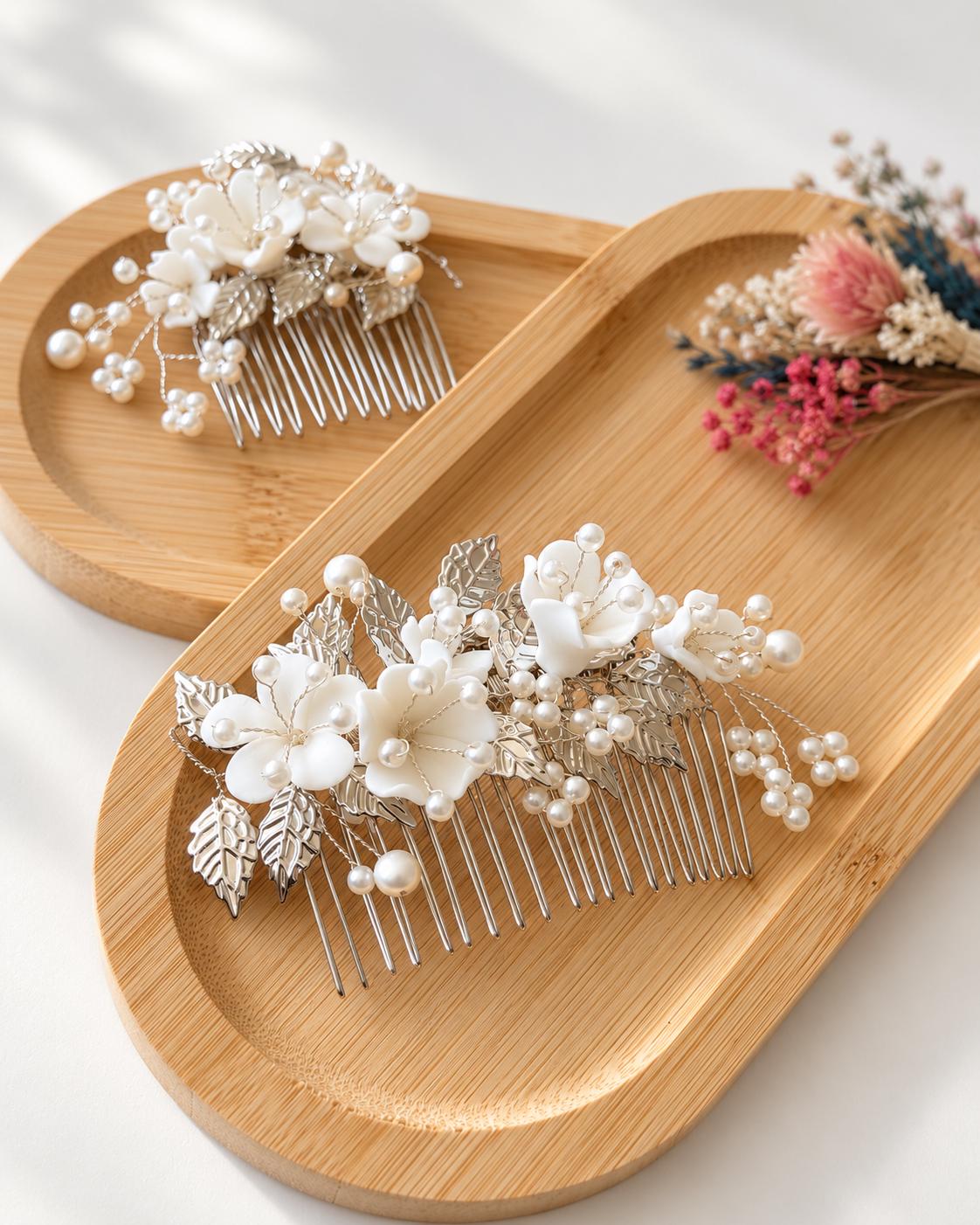 Bridal Hair Comb Set with Porcelain Flowers & Pearls - Silver Leaves Wedding Hairpiece, Handmade Bride Hair Accessory