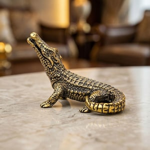 Solid Brass Crocodile Figurine, Tea Pet Statue, Luxury Shelf & Desk Decor, New Home Ornament, Cute Alligator Sculpture, Hostess Gifts