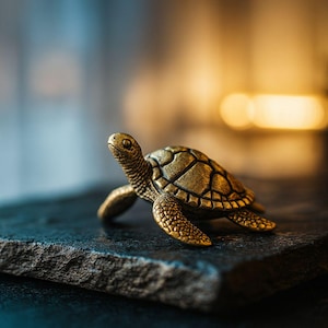 Peut inclure: Petite figurine de tortue en bronze, richement détaillée. La tortue est représentée en mouvement, avec une carapace texturée. Posée sur une surface sombre et texturée, avec un arrière-plan flou bleu et or.