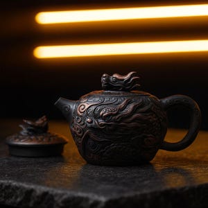 Pode incluir: Uma chaleira preta com um desenho de dragão esculpido na superfície. A tampa está de lado e a chaleira está sobre uma superfície escura. A chaleira tem uma alça e um bico.