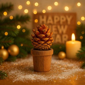 May include: A brown pinecone in a small wooden pot, set on a wooden surface with a candle and Christmas ornaments. The background includes a sign that says "HAPPY NEW YEAR" and blurred lights, creating a festive holiday scene.