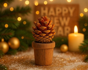Puede incluir: Una piña marrón en una pequeña maceta de madera, colocada sobre una superficie de madera con una vela y adornos navideños. El fondo incluye un letrero que dice "HAPPY NEW YEAR" y luces borrosas.