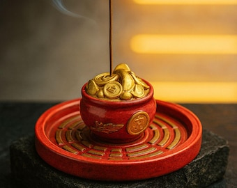 May include: A red ceramic incense holder with gold detailing, featuring a small pot overflowing with gold coins. The holder sits on a matching red tray with a circular pattern. A lit incense stick emits a wisp of smoke.