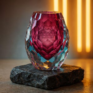 May include: A faceted, ruby-colored glass vase with a geometric design. The vase sits on a dark gray, textured stone. The interior of the vase is a deep red, with hints of blue and yellow. The vase is approximately 6 inches tall.