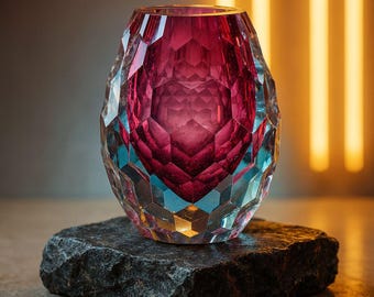 Large Ruby Red Cut to Clear Crystal Flower Vase; Color Cut To