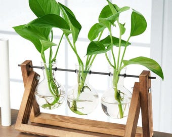 Propagation Station – 3 Glass Bulb Vases on Wooden Stand, Plant Cutting Holder, Hydroponic Planter, Home Decor Gift