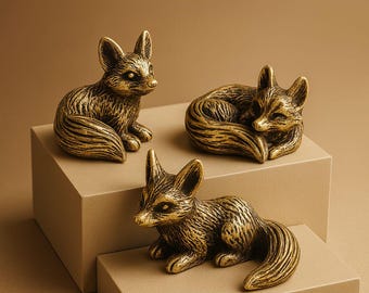 May include: Three brass fox figurines in various poses sit on beige geometric platforms. The foxes have detailed fur textures and are in sitting and curled positions. The background is a solid beige color.