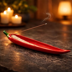 Op de afbeelding: Een rode keramische wierookhouder in de vorm van een chilipeper met een groene steel. Een aangestoken wierookstokje wordt in de houder geplaatst en geeft een wolkje rook af. De houder bevat witte wierook. De achtergrond is vervaagd met kaarsen.