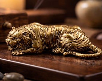 Brass Tiger Figurine, Power & Success Desk Symbol, Tea Pet Miniature, Lucky Figure, Shelf Ornament, Hostess Gift, Desk Decor, Feng Shui Gift