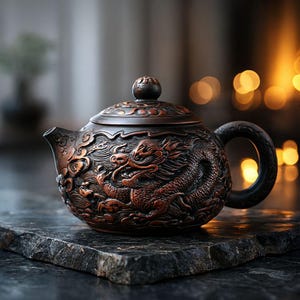 Op de afbeelding: Een gedetailleerde, bronskleurige theepot met een drakenthema dat in het oppervlak is gesneden. De theepot heeft een gebogen handvat, een tuit en een deksel met een kleine knop. Hij staat op een donker, getextureerd oppervlak, met een vage achtergrond.