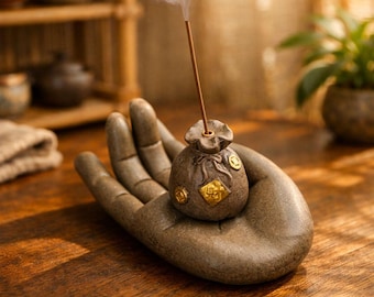 May include: A brown incense holder in the shape of a hand, supporting a small pouch-shaped incense burner. The burner features gold detailing, with an incense stick releasing smoke. The holder rests on a wooden surface.