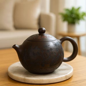 Puede incluir: Una tetera de cerámica marrón oscuro con cuerpo redondo, asa curva y boquilla. La tetera presenta un diseño en relieve de pandas y follaje. La tapa tiene un pequeño pomo y caracteres chinos. Se encuentra sobre un posavasos redondo de mármol.